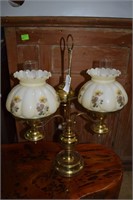 Two light brass parlor lamp with HP floral shades