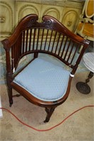 Mahogany (?) corner chair with blue upholstery