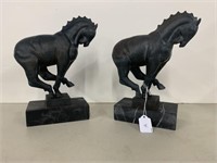 Pair Metal Black Horse on Marble Base, 10 x 8