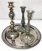Silver Plate Candle Sticks & Tray
