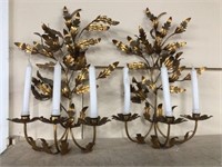 Pair Metal Gold Wall Sconces 3 Candelabra 16 x 24