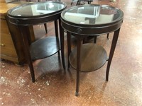 Pair Oval Side Tables with Glass Top and Shelf