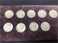9 Silver Half Dollars 1958 - 1963