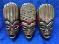 (3) Wooden hand carved masks (10.5in tall)