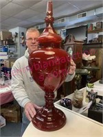 Large old 30in red glass urn & lid (heavy)