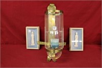 3pc Large Brass Candle Sconce, 2 Asian Figures
