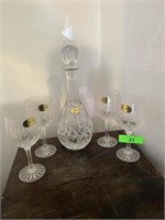BLOCK CRYSTAL DECANTER W STOPPER AND 4 GLASSES
