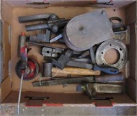 Garage items including oiler, files, wood pulley,