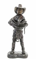 YOUNG COWBOY WITH SADDLE BRONZE SCULPTURE