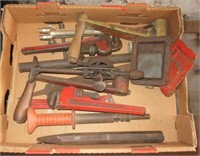 Tools including torch head, pipe wrench, etc.