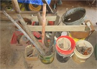 Garage items including buckets, 3' ladder,