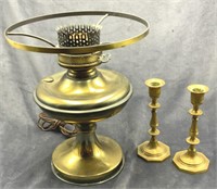 Brass Lamp and Two Brass Candlesticks