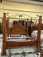 King Size Pecan & Burl Wood Canopy Bed