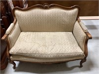 Antique Carved Wood Upholstered Settee