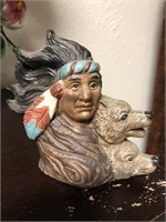 Ceramic Indian and wolves figurine