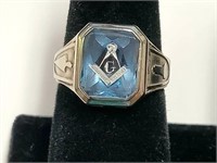 10K White Gold Blue Gem Masonic Ring SJC