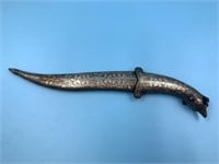 Damascus bladed knife with a silver inlaid sheath