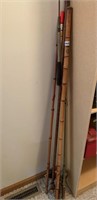 3 rod reels and cane pole and fishing gaph