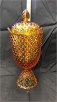 Amber hobnail glass dish with lid