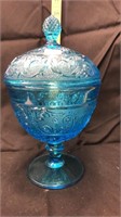 blue glass dish with lid
