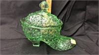 Fenton green glass shoe with lid