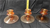 3 amber glass candle holders