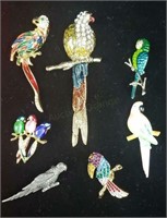 7 X Bid Parrots Brooch Pins Rhinestones