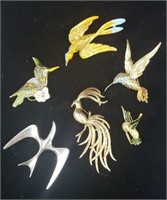 6 X Bid Birds Signed Brooches Pins Designers