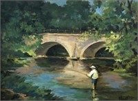 Painting of Man Fishing Near Bridge by Earl Blust.