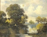 Ernest Fredericks Painting, Man Fishing on Stream.