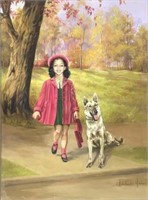 Painting of Young Girl & Dog by Adelaide Hibel.