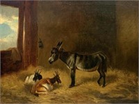 Nancy Jane Burton Painting of Donkey & Goats.