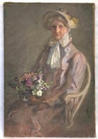 Antique Painting of Old Woman w/Basket of Flowers.
