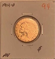 1914-D $5 INDIAN HEAD GOLD PIECE- AU