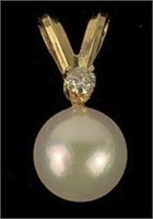 14K Gold Pearl Pendant with Clear Stone