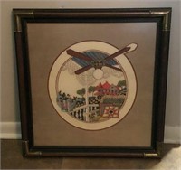 Framed Embroidered Victorian Porch Scene