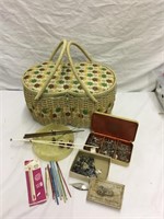 Vintage Wicker Sewing Basket Crochet Hooks Tatting