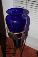 Large Cobalt glass vase in stand, 23" tall