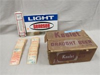 BEER ADVERTISING, SIGN, BOTTLES/CASE & THERMOMETER