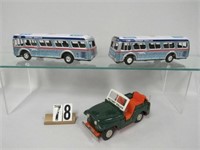 3 PC. FRICTION TOY LOT - JEEP & (2) BUSES: