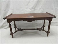 WALNUT ANTIQUE PIANO BENCH WITH STRETCHER BASE: