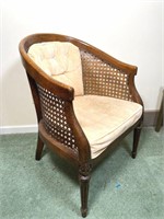 VINTAGE CANE-BACK CHAIR; CUSHIONS IN POOR CONDITIN