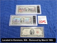 LOT, (3) ASSORTED $2 BILLS, (1) 1963 RED SEAL &