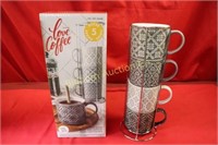 New 4 Coffee Mugs w/ Chrome Stand 5pc lot