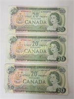 Three 1969 Canadian 20 Dollar Bills