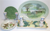 PAINTED PORCELAIN DISHES AND CANDLESTICKS