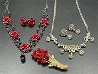 Two vintage necklace & earrings sets + brooch
