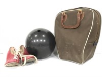 Vintage bowling bag with ball and shoes