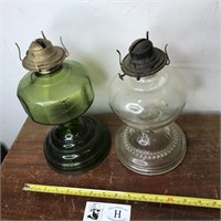 Two Oil Lamps - Green and Clear