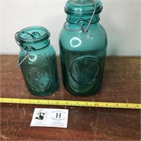 Two Green Ball Fruit Jars w/ Spring Top